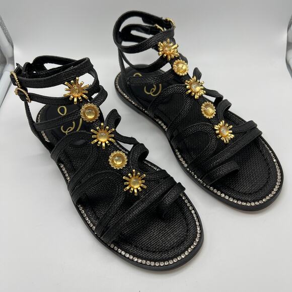 Sam Edelman Tianna Women's Gladiator Sandals Size 8 Gold Charm Black Woven Shoes - Picture 2 of 12